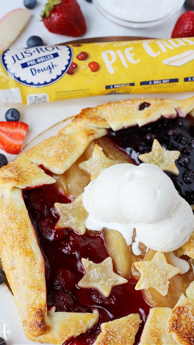How fun is this red, white and blue dessert?!
This Easy Patriotic Galette is the only dessert you need for all the summer holidays. #ad
 
Be sure to use @jus_rol_NorthAmerica pie crusts! #AmazingMadeEasy is their motto and I agree. 
 
Want to know why I prefer these crusts? They are rolled on baking paper for simple prep and easy clean up. No countertop flour mess. Woot woot! 
 
Jus-Rol products are made with the highest quality ingredients, no artificial flavors or bleached flour. 
 
Ingredient List (2 galettes feeds 8): 
2 @jus_rol_NorthAmerica pie crusts
21 oz can apple pie filling
21 oz can strawberry pie filling
21 oz can blueberry pie filling 
Egg
Course sanding sugar 
Optional: additional pie crust for stars!
 
You can find their pie crusts at your local grocer in the refrigerated dairy case or search HERE: https://jusrol.com/store-locator. 
 
Also check out their pizza crust, puff pastry, and flatbread crusts! 
 
Full recipe HERE: HappiHomemade.com/easy-patriotic-galette

#sammisrecipes #galette #galettes #crostata #fourthofjuly #july4th #easydessert #patrioticfood #redwhiteandblue #recipereels #recipevideo #recipevideos #summerfood #loveispie