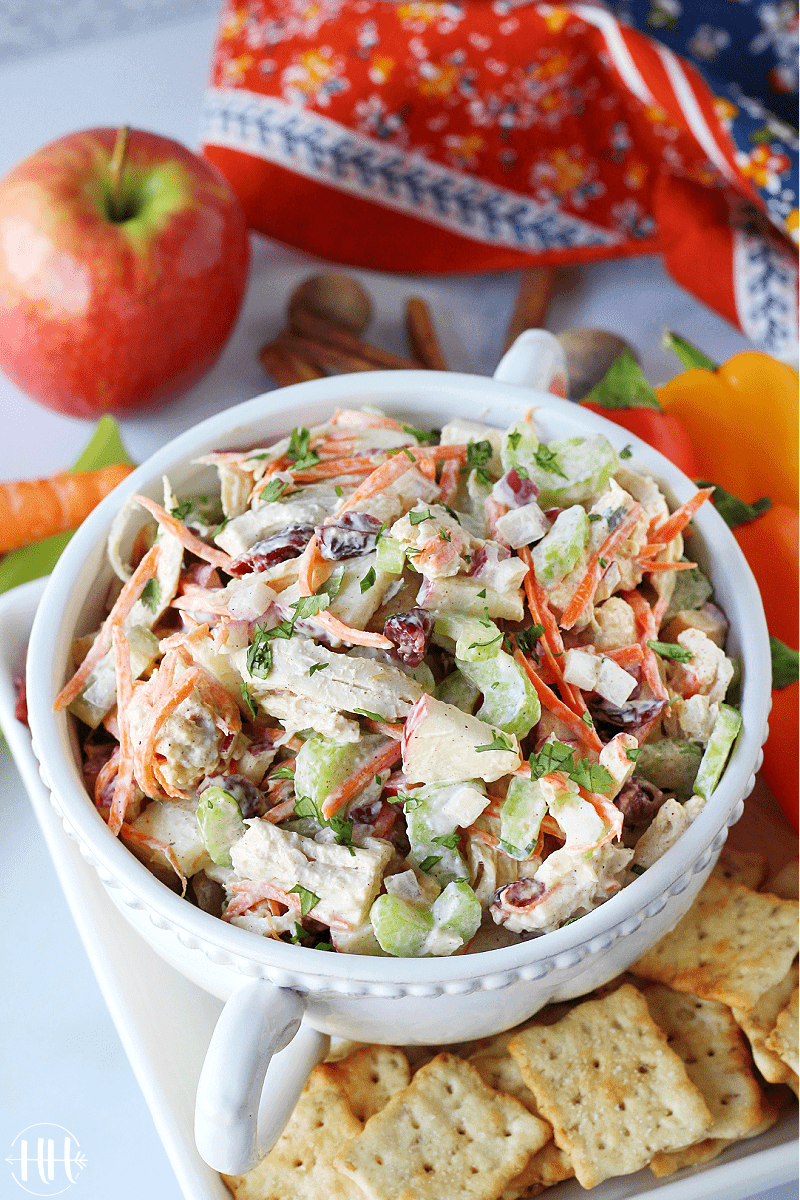 The BEST Autumn Spiced Turkey Salad | If you have leftover turkey, this easy recipe is a must! This healthy gluten free salad recipe combines all the flavors of fall. The crunchy apples and dried cranberries are sweet and tart, and the cinnamon and nutmeg complement the flavor of the turkey breast (try smoked meat!). Use this clean eating harvest salad in a sandwich, wrap, or with vegetable dippers. Use plain Greek yogurt in place of mayo or dairy free almond yogurt too. 