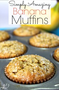 I love baking recipes that are healthy and easy! These Simply Amazing Banana Muffins are the best recipe I have found so far! I love the fact that it takes less than 30 minutes (ONLY 8 ingredients!) to make this recipe from start to warm, gooey, finish! It's your choice if you want to add chocolate chips or nuts. I have also had success using whole wheat flour and baking this batter in small loaf pans and giving them as teacher or neighbor gifts!