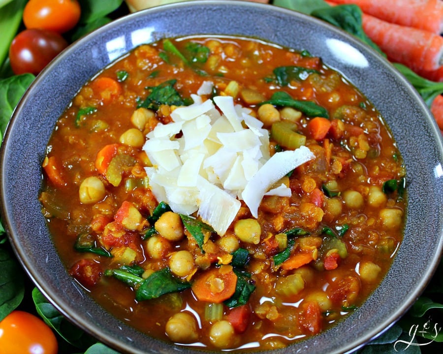 Whole Foods Family Recipes: Vegetarian Moroccan Stew topped with shaved Parmesan.