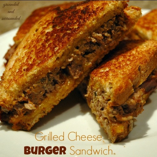 Grilled cheese burger sandwich using sliced bread, melted cheese, leftover meatloaf, and butter.