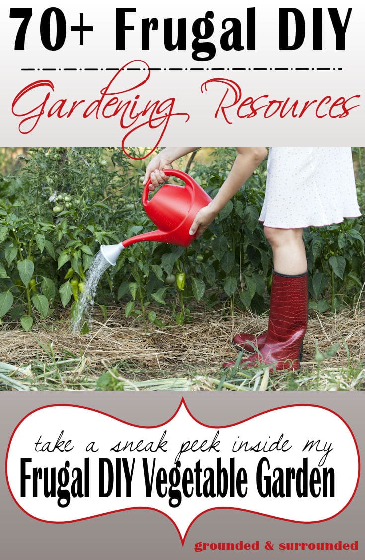 A photo of a girl in red rain boots with a red watering can for a frugal gardening ideas post.