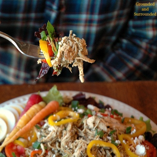 Gluten free shredded chicken on a fork with salad.