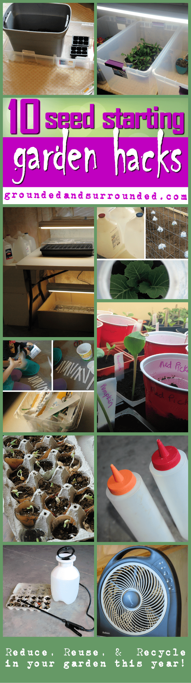 10 Seed Starting Garden Hacks you can do indoors during the months on the calendar that are freezing! These creative DIY tips and ideas can all be done with your kids too. Kids love to get their hands dirty! All you need are some containers, potting mix and soil, indoors grow lights, and some recycled goods! Vegetables and flowers here we come...in a few months! 