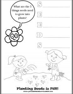 SEEDS printable image | Are you going to invite your children to start seeds with you indoors this season? This article includes a free worksheet, video tutorial, and ideas and tips for seed starting success. You will be amazed at how much fun your children have playing in the dirt with you! Kids love DIY projects just as much as adults so give them some soil and containers and let them get their hands dirty! 