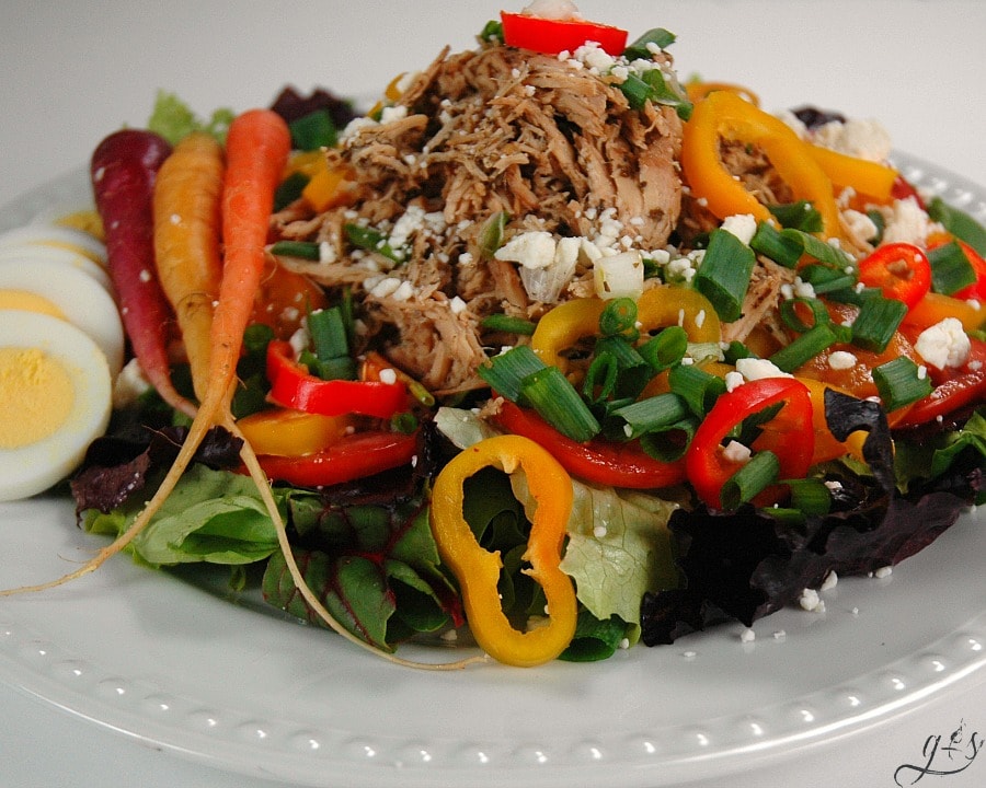 zesty crock pot shredded chicken topping a greens salad with mini bell peppers and rainbow carrots. 