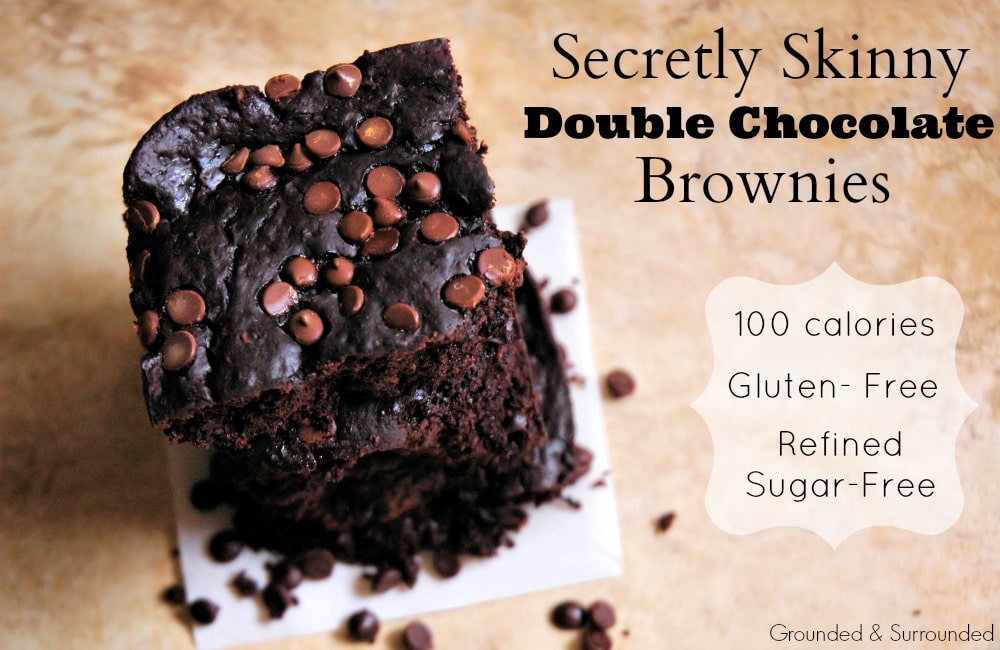 Secretly Skinny Double Chocolate Brownies | This easy gluten free and refined sugar free brownie is every bit as indulgent and healthy as they sound! At less than 100 calories per homemade brownie, you will not feel guilty indulging in these! They are definitely the real deal with their fudgey texture and from scratch ingredients. Dare I say the best low calorie brownies EVER! 