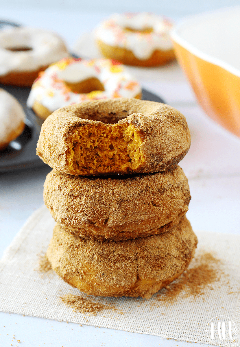 Easy Pumpkin Baked Donuts | How sweet it is to bake healthy, gluten-free, and delicious donuts with all the flavors of fall! This dairy free breakfast is packed with flavor, yet low calorie. The best part about these skinny pumpkin donuts is that you can choose your favorite of 3 topping recipes- almond milk cream cheese, cinnamon sugar, vanilla glazed! These are a perfect option for anyone choosing a clean eating or whole foods lifestyle! Use a flax egg for a vegan friendly brunch! 