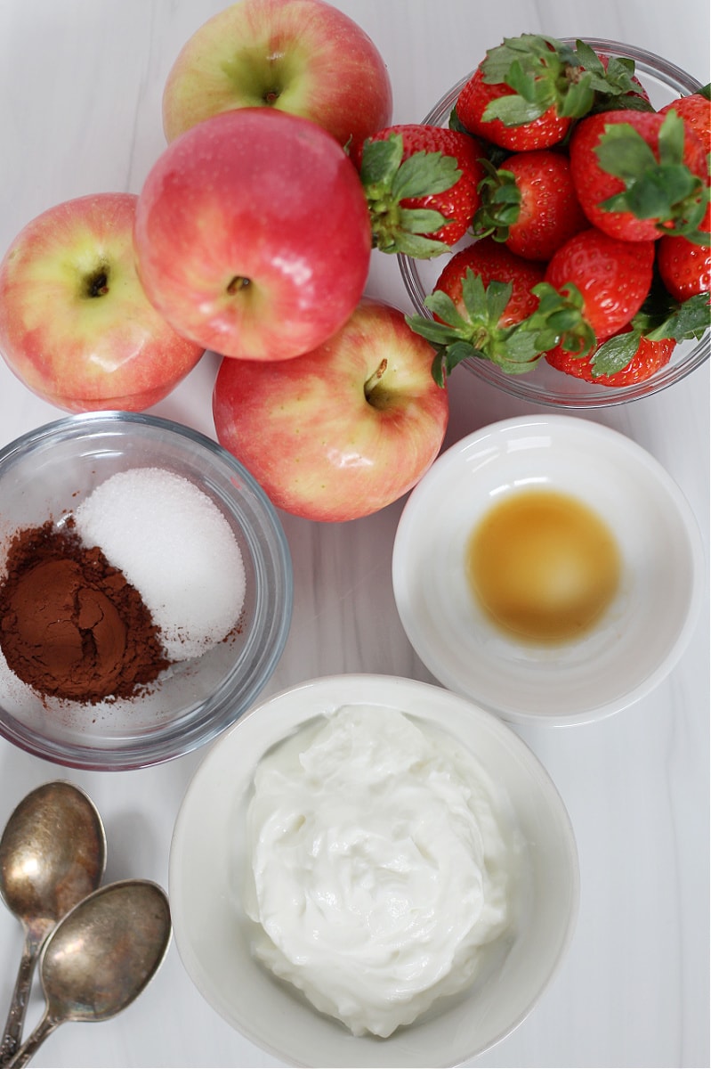 Ingredients for high protein chocolate fruit dip like Greek yogurt and cocoa powder.
