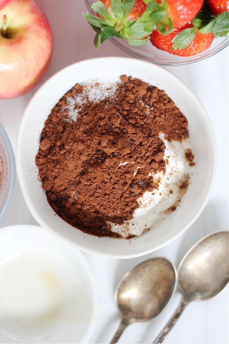 Overhead photo of cocoa powder and monk fruit sweetener on a bowl of Greek yogurt.