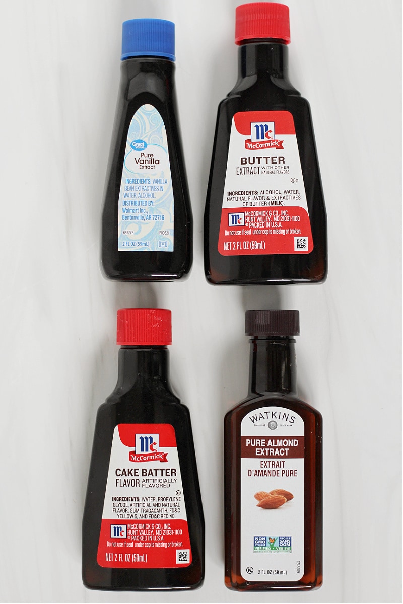 Small bottles of vanilla extract, butter extract, cake batter extract and almond extract.
