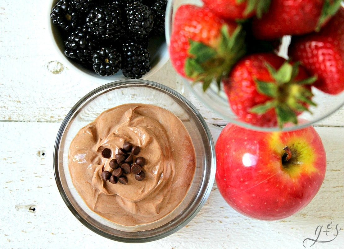 Clean Eating Chocolate Fruit Dip for One in a small clean bowl surrounded by fruit.
