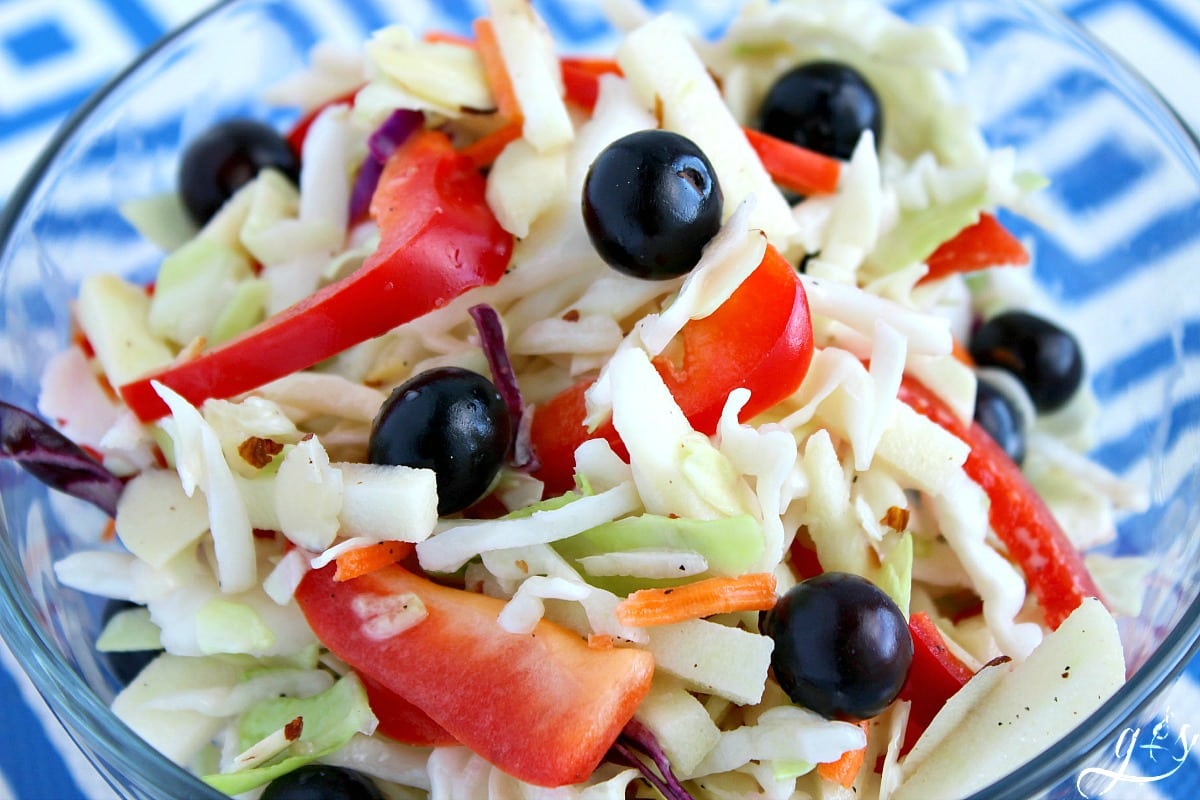 This healthy and easy RED, WHITE & BLUE Slaw Salad is the perfect addition to any summer BBQ! July 4th and Memorial Day are the perfect holidays for this festive and crowd-pleasing salad. This patriotic homemade salad is packed with whole foods such as crunchy cabbage, sweet blueberries, delicious red bell pepper, and tart apple. Bring the BEST clean eating and gluten-free coleslaw recipe to your next potluck! 