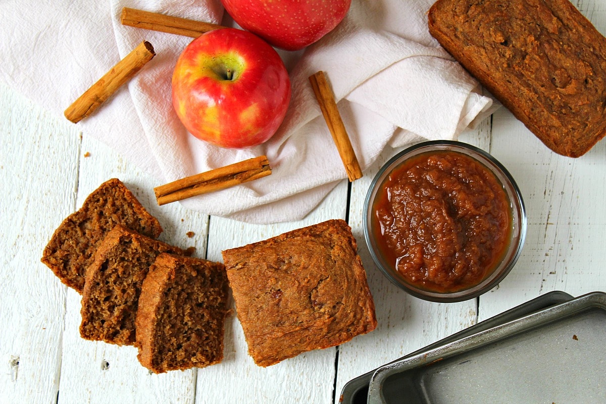 The BEST Apple Butter Bread + Slow Cooker Apple Butter Recipe | This gluten-free sweet bread is our favorite fall breakfast recipe! If you are looking for an easy sweet bread recipe to make the most of autumn flavors make this healthy crock pot apple butter AND then bake this bread! Baking when the weather turns crisp is my favorite activity. This batter makes a wonderful muffin to pack in school lunches and to freeze for those busy mornings too!