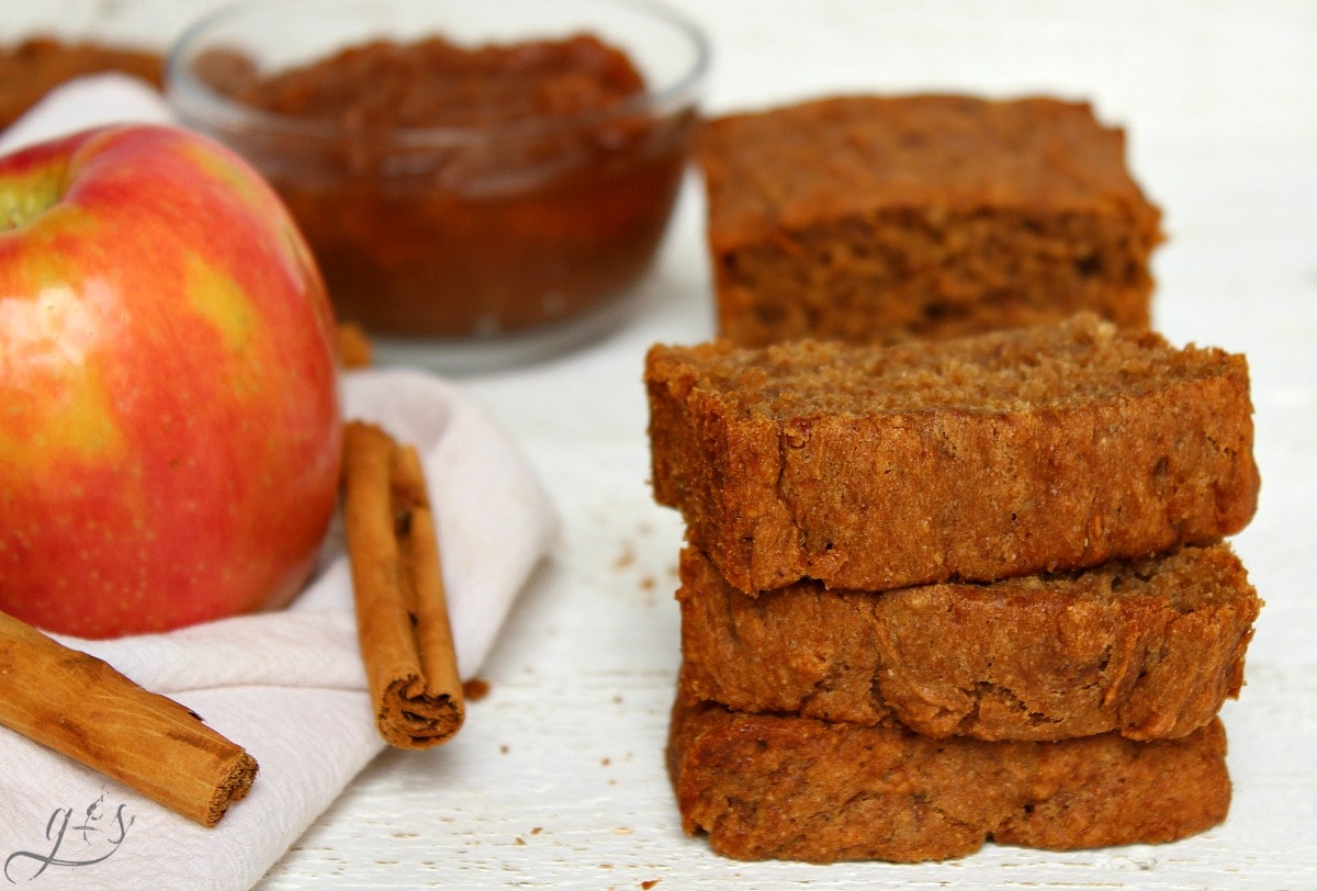 The BEST Apple Butter Bread + Slow Cooker Apple Butter Recipe | This gluten-free sweet bread is our favorite fall breakfast recipe! If you are looking for an easy sweet bread recipe to make the most of autumn flavors make this healthy crock pot apple butter AND then bake this bread! Baking when the weather turns crisp is my favorite activity. This batter makes a wonderful muffin to pack in school lunches and to freeze for those busy mornings too!