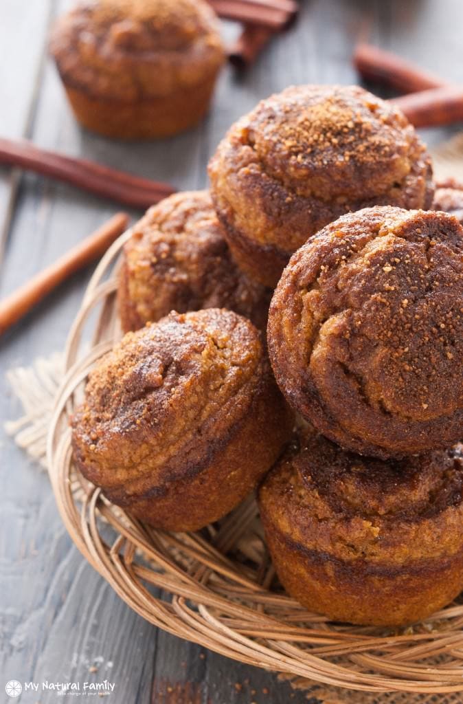 A stack of golden brown Paleo Pumpkin Muffins from My Natural Family to use for fall recipes.