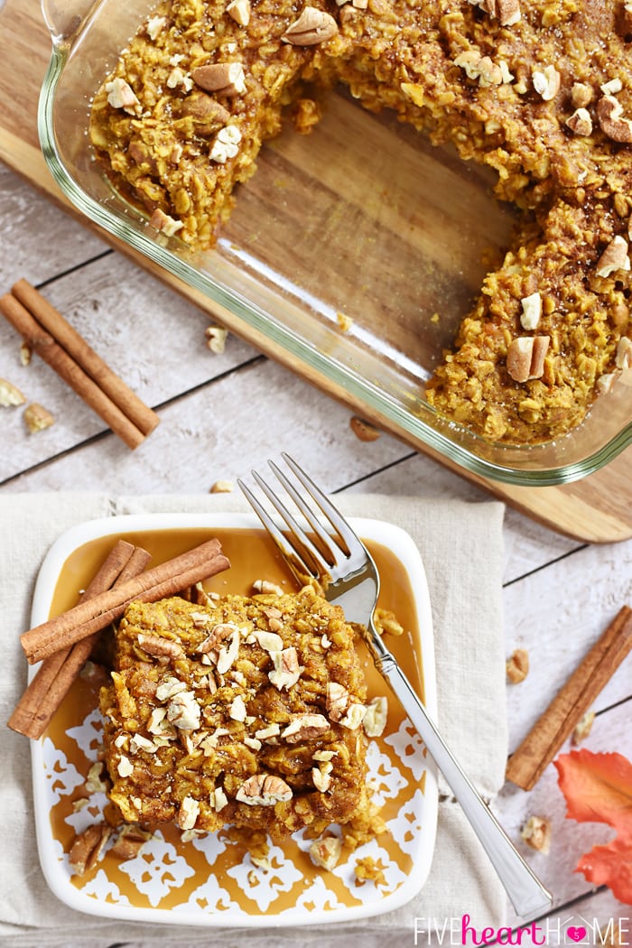 A large pan of Baked Pumpkin Oatmeal from Five Heart Home topped with pecans for all your fall recipes goals.