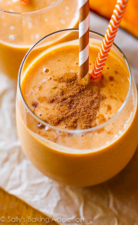 Bright and beautiful golden orange Skinny Pumpkin Frappuccino from Sally's Baking Addiction.