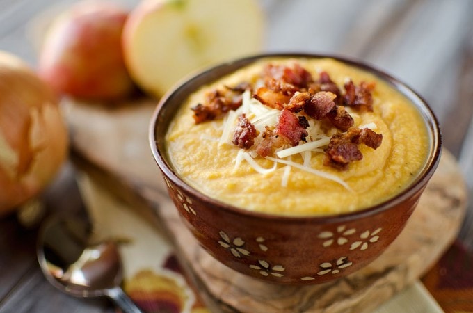 A cozy bowl of Roasted Butternut Squash and Bacon Soup from the Creative Bite.