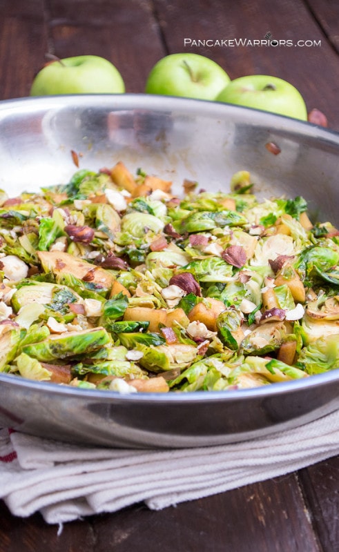 Apple Brussels Sprouts Hash from Pancake Warriors in a stainless steel skillet.