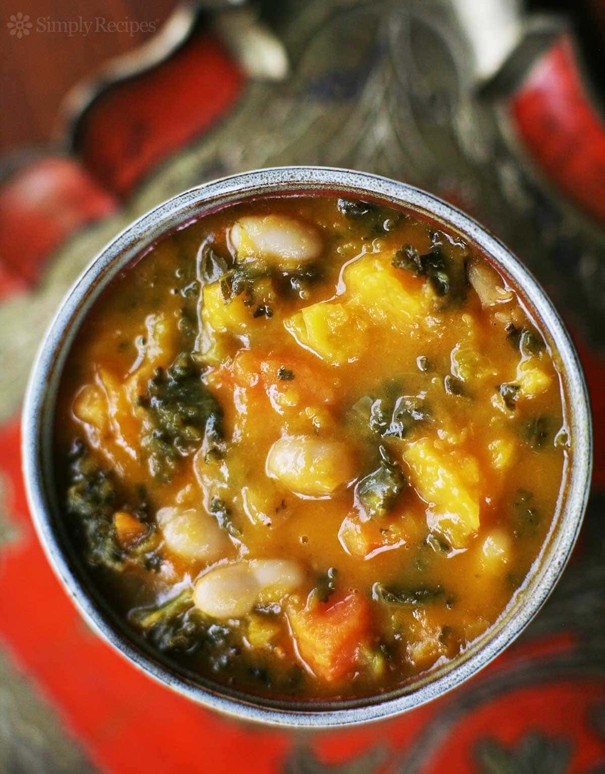 A birds eye view of Kale and Roasted Vegetable Soup from Simply Recipes.