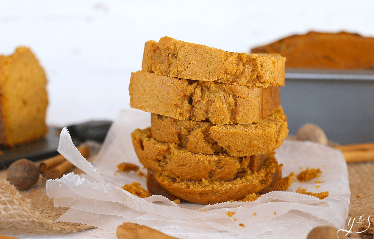Slices of pumpkin bread stacked high!