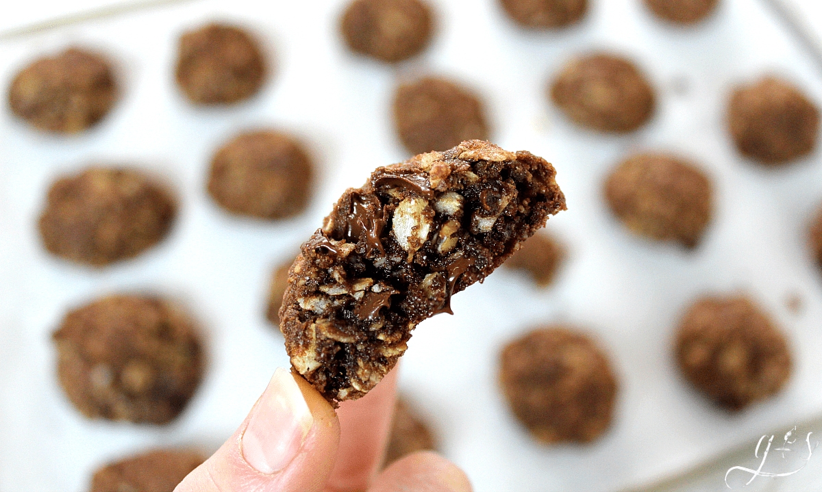 Up close photo of a bite taken out of a double chocolate oatmeal cookie.