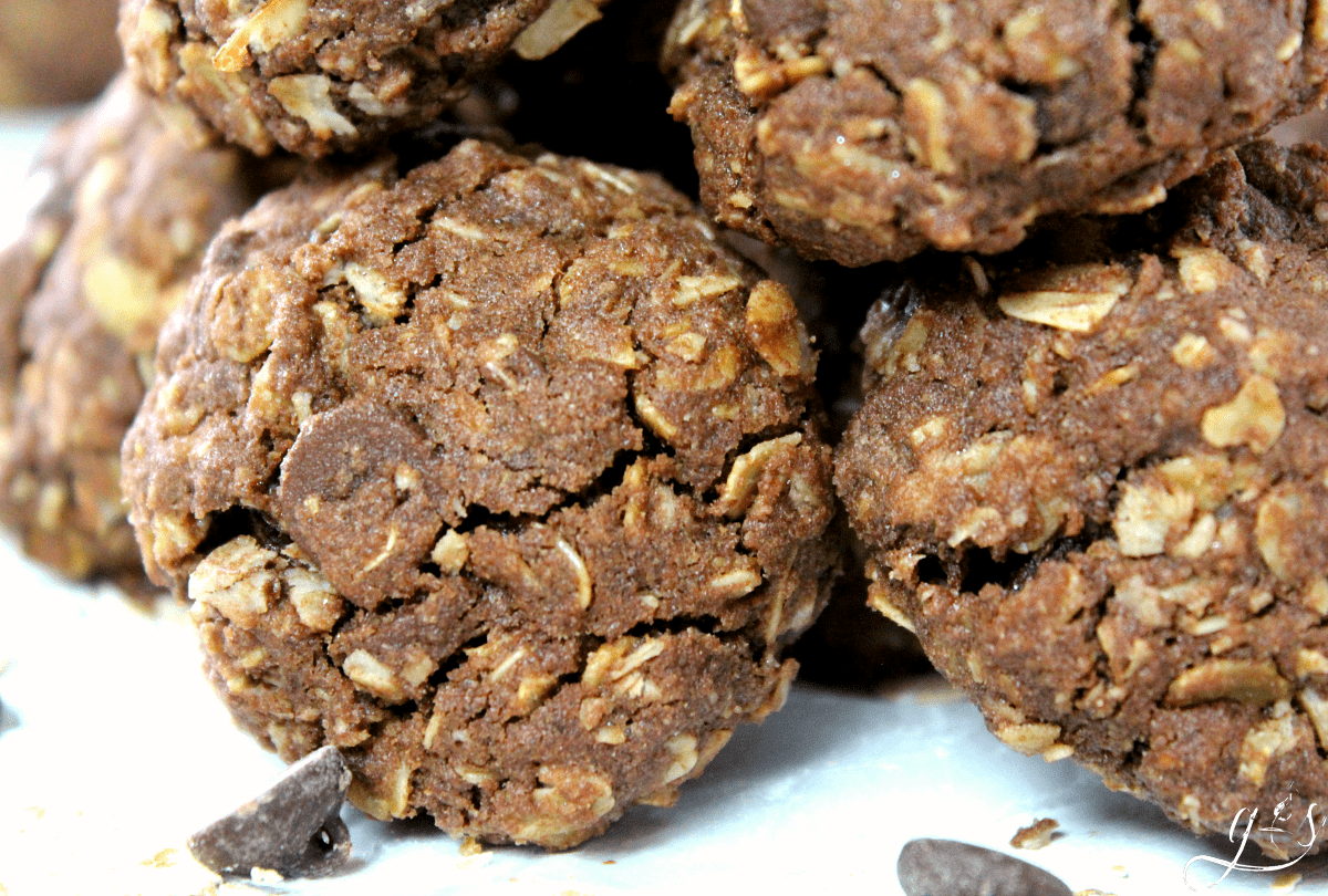 Up close photo of chocolate oatmeal cookies with dark chocolate chips.
