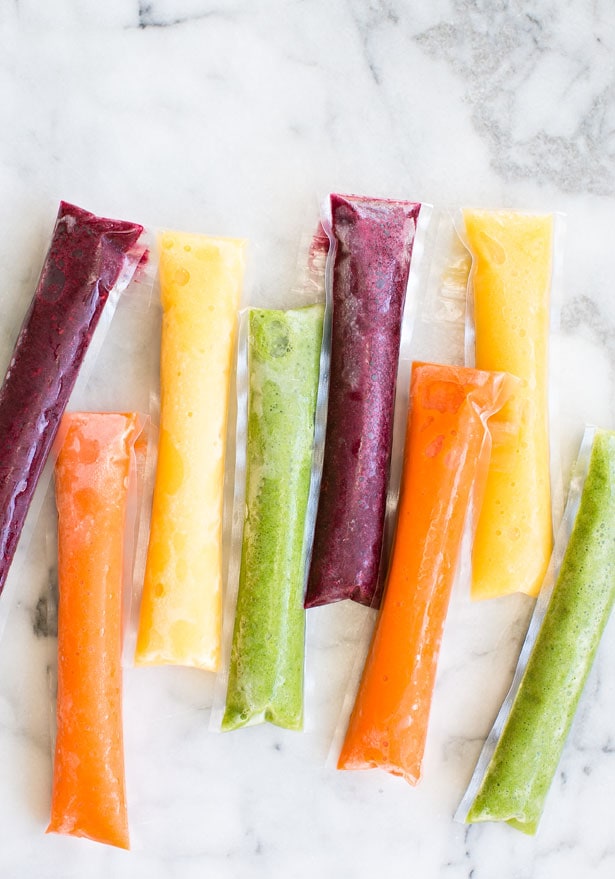 Homemade fruit and vegetable popsicles for fun summer treats. 