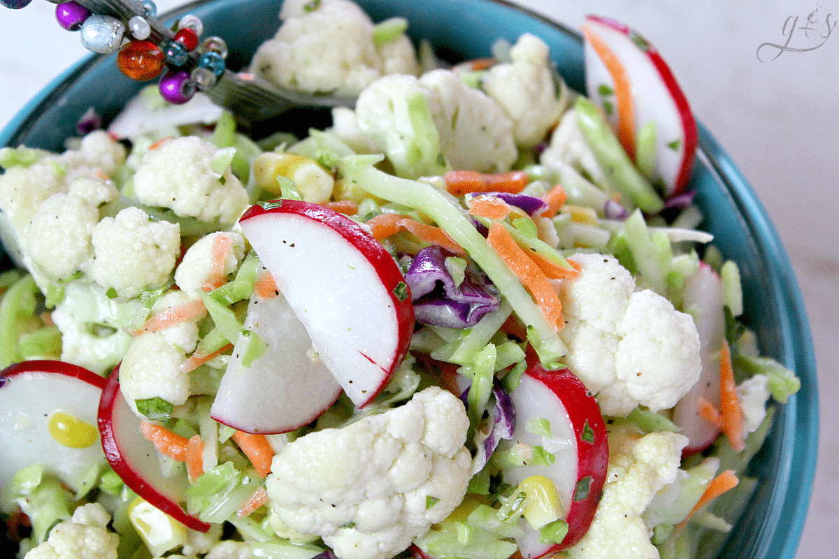 Radishes, cauliflower, and broccoli slaw in a tangy dairy free dressing.