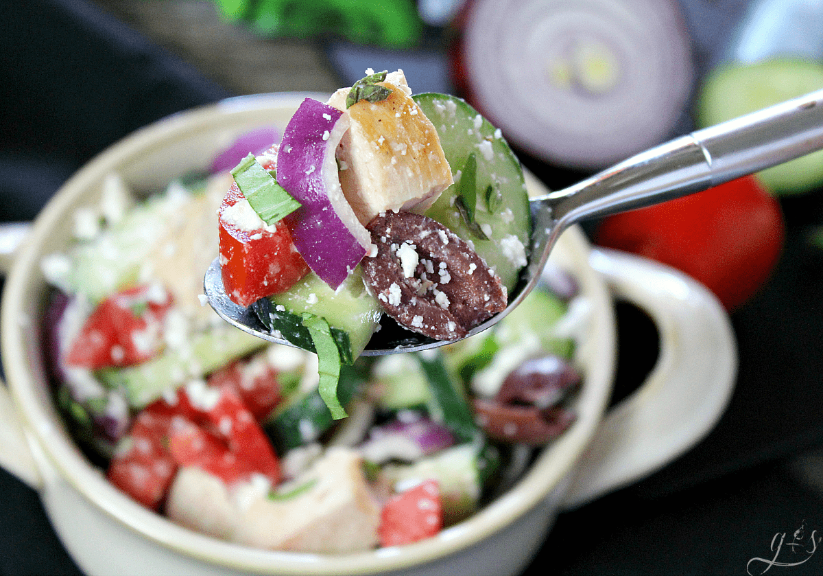 Spoonful of a colorful salad over a pretty bowl.