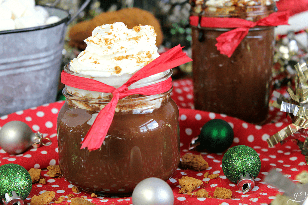 Gingerbread Hot Chocolate for One in cute mason jars with whipped cream.