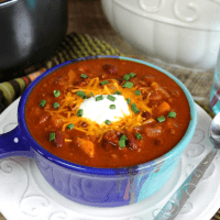 Autumn inspired chili topped with sour cream, shredded cheese and green onion.