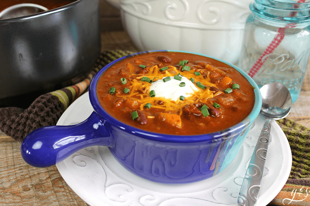 Up close view of an autumn chili that is gluten free and dairy free.