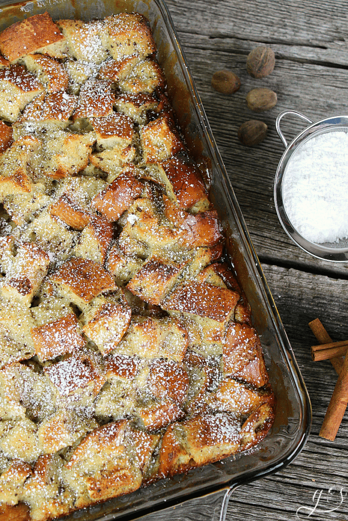 The BEST Eggnog French Toast Bake | This easy homemade recipe is Christmas in a pan. It is dairy free and can be made with the overnight option or 2 hour option. Finish it off with maple syrup, egg nog glaze, or whipped cream. Use french bread, eggs, cinnammon, nutmeg, and dairy-free eggnog to make the most delicious breakfast, brunch, or brinner this season. #holidays #families #casserole