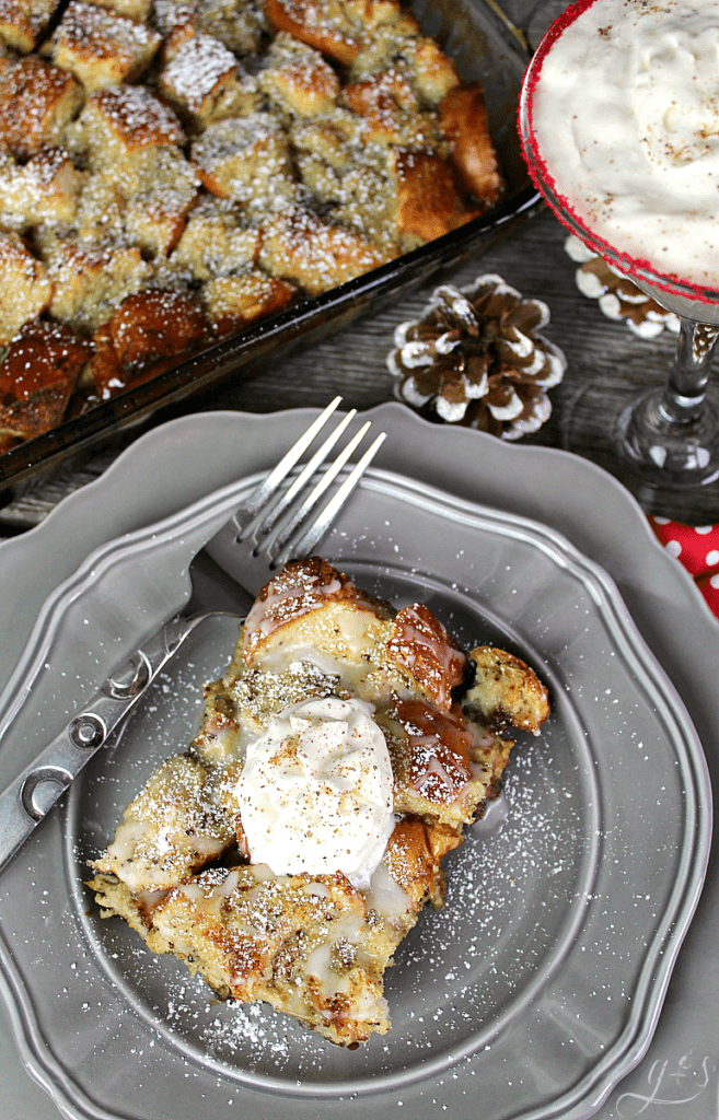 The BEST Eggnog French Toast Bake | This easy homemade recipe is Christmas in a pan. It is dairy free and can be made with the overnight option or 2 hour option. Finish it off with maple syrup, egg nog glaze, or whipped cream. Use french bread, eggs, cinnammon, nutmeg, and dairy-free eggnog to make the most delicious breakfast, brunch, or brinner this season. #holidays #families #casserole