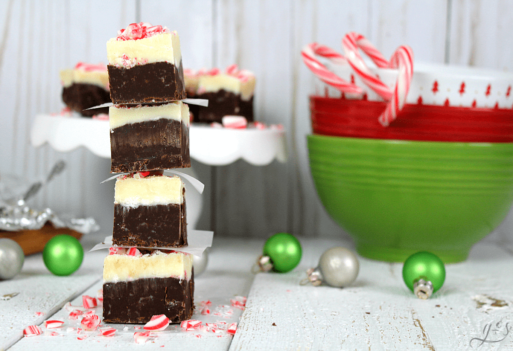 Black and white Christmas fudge with crushed candy canes on top.