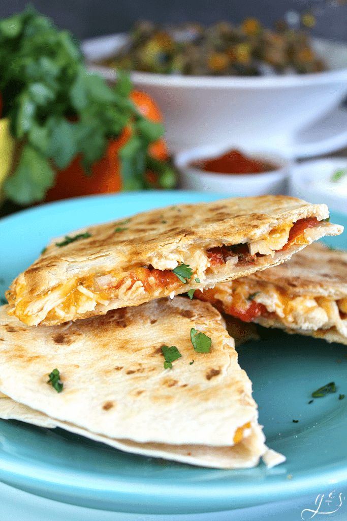 The BEST Chicken & Pico Quesadillas | Did someone say only 4 ingredients and dinner is done?! I'm in! These easy and healthy quesadillas for kids and adults alike will satisfy all of your Mexican cravings. Use whole wheat tortillas, shredded cheese, a rotisserie chicken, and homemade or store-bought pico de gallo to make it easy. Serve with salsa, guacamole, and sour cream (or plain Greek yogurt). #dinner #familydinner #easyrecipes #recipes