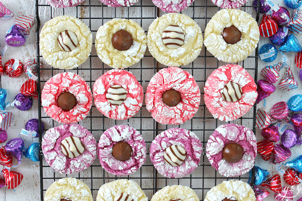 White, pink, and purple crinkle cookies for Valentine's Day.