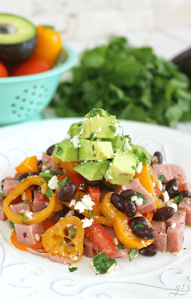 The BEST Ham Black Bean & Veggie Salad | Do you need to use up some leftover ham or have some fresh vegetables that will go bad? This clean eating and gluten-free salad is just the recipe for you! Healthy and easy recipes like this using whole foods are perfect for weightloss. There is only one dressing ingredient too: extra virgin olive oil! Summer parties need this summer salad too! #recipes #lunch #Easter 