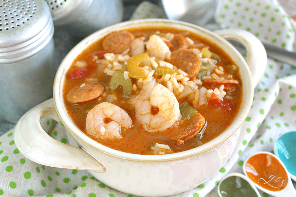 Beautiful bowl of gumbo jambalaya on a polka dotted towel