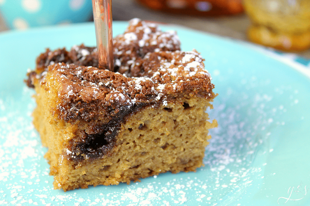 Piece of cowboy cake sprinkled with powder sugar on a light blue plate.