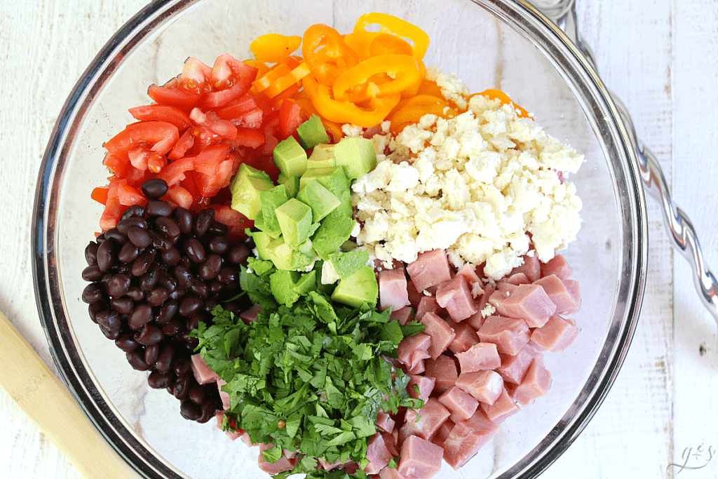 Gorgeous bowl of chopped fresh vegetables, ham, and black beans!