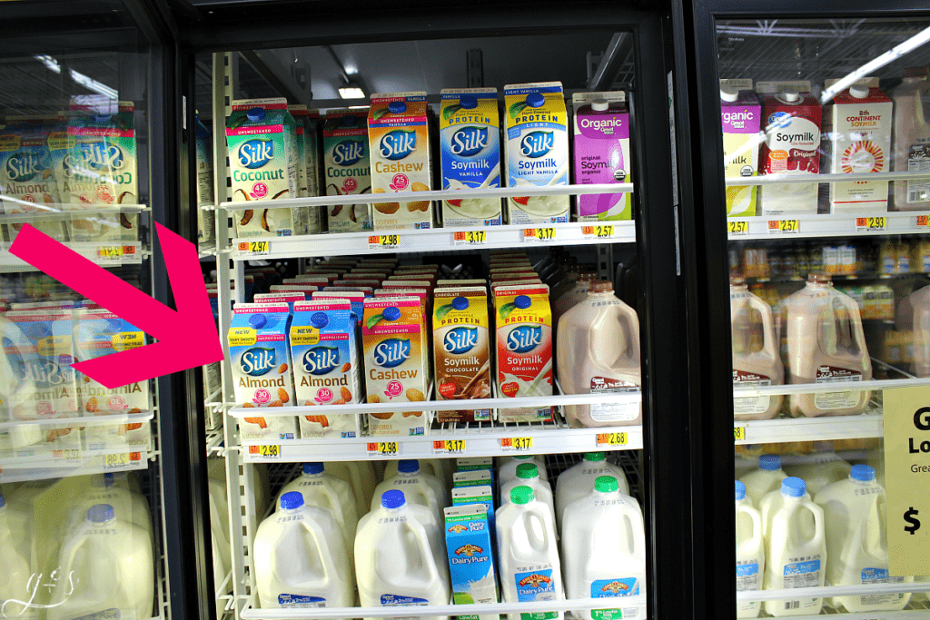 A photo of Silk Almondmilks at Wal-Mart in the dairy section.