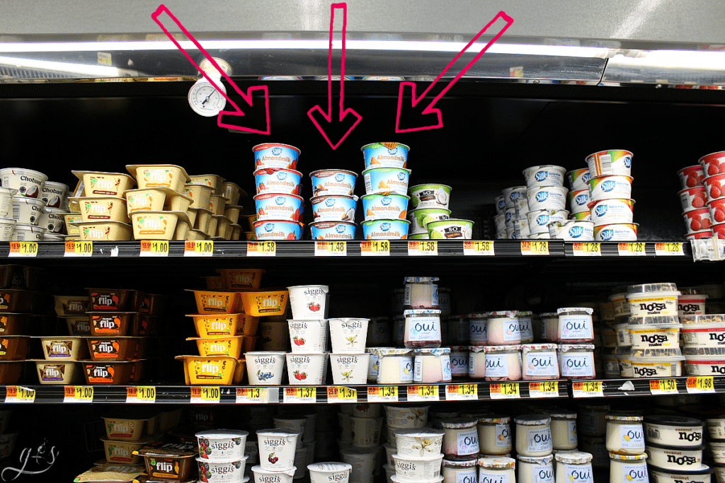 Silk Almondmilk yogurts displayed in the dairy section at Wal-Mart.