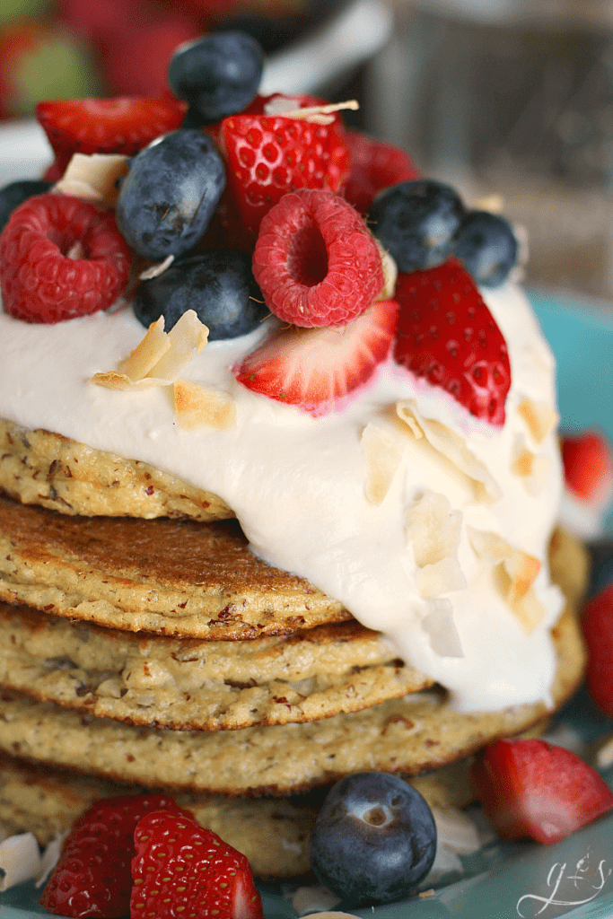 The BEST Coconut Cake Pancakes | This clean eating homemade recipe makes the perfect breakfast that tastes like your favorite cake. These easy Paleo flapjacks and creamy syrup are dairy-free, soy-free, healthy, and gluten free! #ProgressIsPerfection with Silk Almondmilk and yogurts. Transition to a more plant-based diet and away from dairy with these coconut and almond flour pancakes. Plus the only sweetener used is 1 Tbsp of coconut sugar in the ENTIRE recipe! #lowcarb #CBias #CollectiveBias