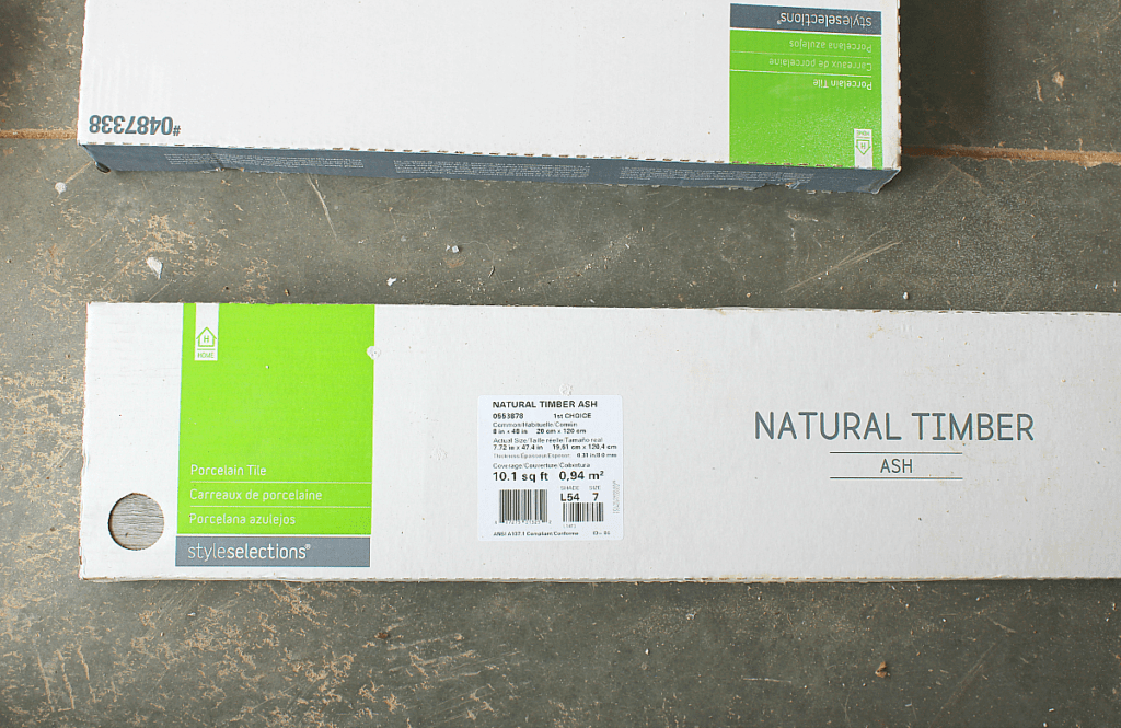 Natural Timber Ash porcelain tile from Lowes in a box of 8. 