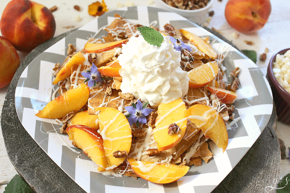 Beautiful plate of Peach and White Chocolate Dessert Nachos.