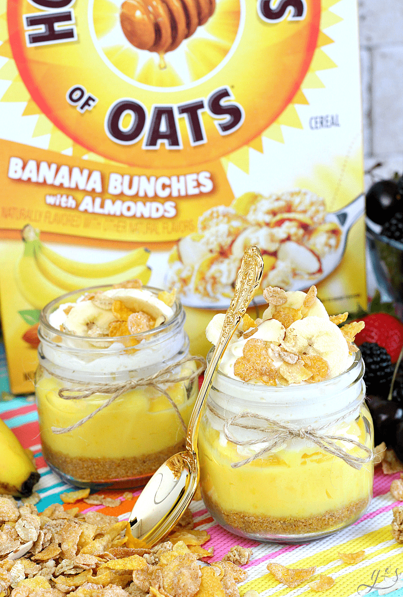 The BEST No Bake Pie in a Jar-AD You just stepped up your #summer dessert game with this easy cereal crust, french vanilla pudding, whipped cream, fresh healthy bananas, and Honey Bunches of Oats Banana Clusters with Almonds packed into the cutest mini mason jar. Serve these fun jars at parties for a crowd or keep it simple as a fast #dessert or snack for kids.This quick and simple 6 ingredient #recipe is sure to please the whole family! #pie #SummertimeTasty #CollectiveBias @hboats @Walmart