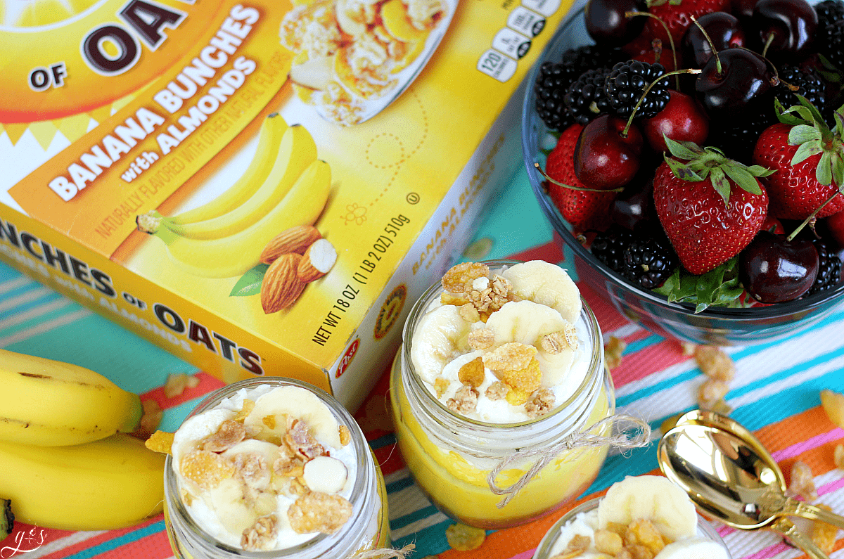 Overhead photo of 2 mini No-Bake Pie in a Jar using Honey Bunches of Oats. 